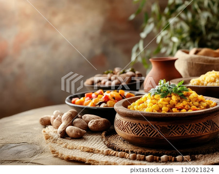A beautiful arrangement of traditional dishes served in rustic bowls on a wooden table, showcasing an assortment of colorful ingredients complemented by natural decor. 120921824