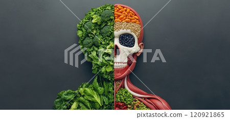 A cross-section of a human body with one side glowing green with vegetables and the other dark with junk food, symbolizing the effects of healthy vs A cross-section of a human body with one side glowing green with vegetables and the other dark with junk food, symbolizing the effects of healthy vs 120921865