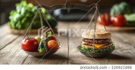 A set of scales with vegetables on one side and fast food on the other, showing the balance of diet choices, soft lighting, clean background, macro focus 120921866