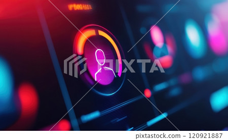 Futuristic interface with colorful user icons and digital elements. Ideal for illustrating advanced technology concepts and user experience design. Futuristic interface with colorful user icons and digital elements. Ideal for illustrating advanced technology concepts and user experience design. 120921887