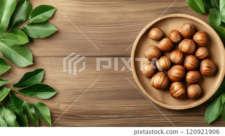 A wooden bowl filled with delicious hazelnuts, surrounded by vibrant green leaves on a rustic wooden table, showcasing the natural beauty and rich texture of the nuts. 120921906