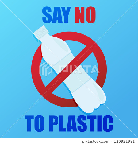 Say no to plastic. Environmental poster with text. Pollution problem concept. Prohibition sign. Plastic bottle. 120921981