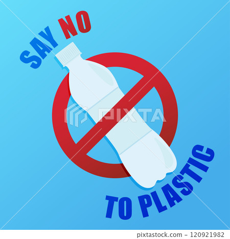 Say no to plastic. Environmental poster with text. Pollution problem concept. Prohibition sign. Plastic bottle. Say no to plastic. Environmental poster with text. Pollution problem concept. Prohibition sign. Plastic bottle. 120921982