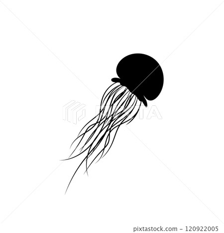 Black isolated silhouette of a sea jellyfish on a white background. Side view. Stock Vector Graphics EPS 10. 120922005