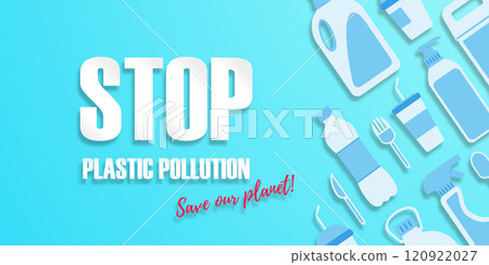 Stop plastic pollution. Disposable plastic. Copy space. Flat lay. Bottle, glass, spoon, knife, canister, spray. Light on the right. Flat style items on the right. Color maldives background. Stop plastic pollution. Disposable plastic. Copy space. Flat lay. Bottle, glass, spoon, knife, canister, spray. Light on the right. Flat style items on the right. Color maldives background. 120922027