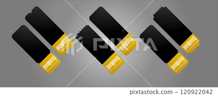 Set of vintage tickets template on dark background with yellow accents. Collection for excursion routes, retro parties and clubs and other projects. Just add your own text. Vector Set of vintage tickets template on dark background with yellow accents. Collection for excursion routes, retro parties and clubs and other projects. Just add your own text. Vector 120922042
