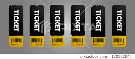 Set of vintage tickets template on dark background with yellow accents. Collection for excursion routes, retro parties and clubs and other projects. Just add your own text. Vector Set of vintage tickets template on dark background with yellow accents. Collection for excursion routes, retro parties and clubs and other projects. Just add your own text. Vector 120922043
