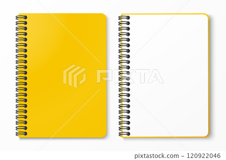 Top view of yellow spiral notebook with space for your image or text isolated on white background for mockup. Design concept. Vector illustration. Top view of yellow spiral notebook with space for your image or text isolated on white background for mockup. Design concept. Vector illustration. 120922046