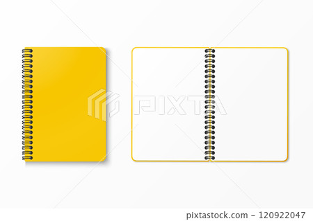Top view of yellow spiral notebook with space for your image or text isolated on white background for mockup. Design concept. Vector illustration. 120922047
