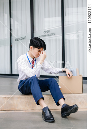 Businessman sitting outside the office with a box of belongings, reflecting on job loss. Capturing the emotional impact and reality Businessman sitting outside the office with a box of belongings, reflecting on job loss. Capturing the emotional impact and reality 120922154