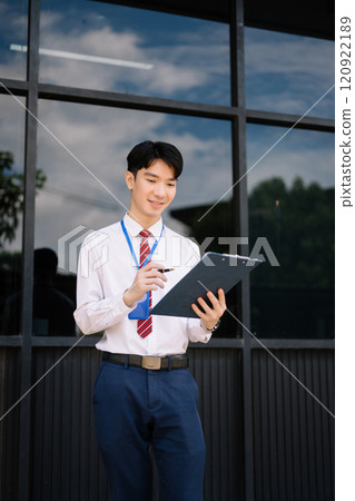 Young Asian businessman leader entrepreneur, professional manager holding digital tablet computer on the street in big city 120922189