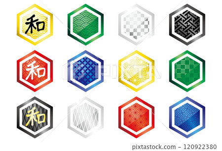 Cool Japanese style frame illustrations, icons, badges, red, gold, silver, black, blue, green 120922380
