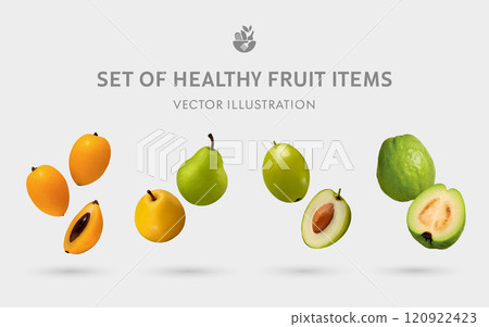 A set of 3D healthy fruit vector props: loquat, pear, date, guava 120922423
