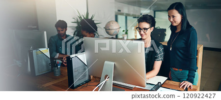 Computer, programming or web development with business people in office for project management. Collaboration, creative and discussion with developer team in workplace for IT support or solution Computer, programming or web development with business people in office for project management. Collaboration, creative and discussion with developer team in workplace for IT support or solution 120922427