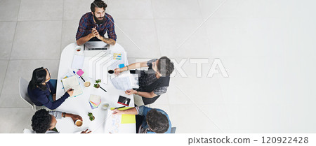 Above, planning and business people in meeting, teamwork and cooperation for project. Group, employees and coworkers with creativity, brainstorming and collaboration with banner, idea or mockup space Above, planning and business people in meeting, teamwork and cooperation for project. Group, employees and coworkers with creativity, brainstorming and collaboration with banner, idea or mockup space 120922428