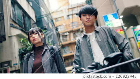 Fashion, trendy and portrait of Japanese couple in city for streetwear, genz style and summer. Date, urban and love with asian man and woman and outdoors for bonding, casual and cool together 120922443