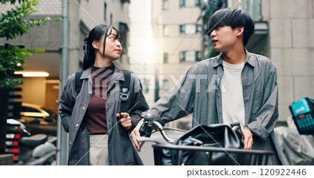 Fashion, trendy and bike with Japanese couple in city for streetwear, genz style and travel. Date, urban and love with asian man and woman walking in outdoors for bonding, casual and cool together 120922446