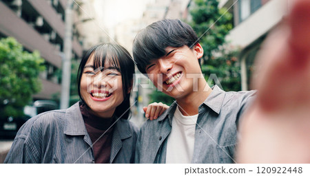 Happy, asian couple and portrait with selfie for picture, photography or memory together in city street. Japanese, man and woman with smile for moment, capture or bonding in an urban town in Tokyo 120922448