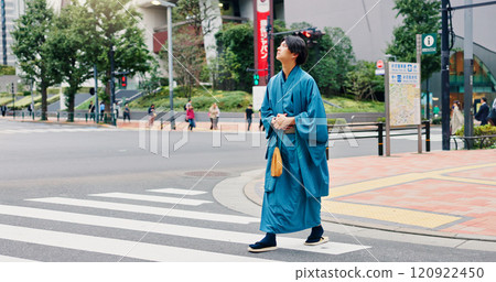 Kimono, crosswalk and travel with Japanese man in city for ceremony, heritage and pride. Respect, urban and indigenous with person in japan street for traditional clothes, Buddhism and festival Kimono, crosswalk and travel with Japanese man in city for ceremony, heritage and pride. Respect, urban and indigenous with person in japan street for traditional clothes, Buddhism and festival 120922450
