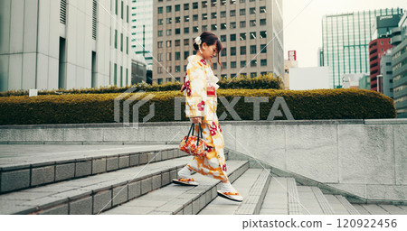 City, walking and woman on steps with kimono, morning commute and sightseeing in traditional clothes. Explore, discover and girl with Japanese fashion, culture or urban stairs on travel adventure City, walking and woman on steps with kimono, morning commute and sightseeing in traditional clothes. Explore, discover and girl with Japanese fashion, culture or urban stairs on travel adventure 120922456
