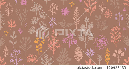 Mocha mousse color of year 2025 pattern. Flower background, seamless mocha mousse color vector texture. Brush crayon floral abstract pattern. Brown cute summer spring autumn bg. 2025 trendy palette 120922483
