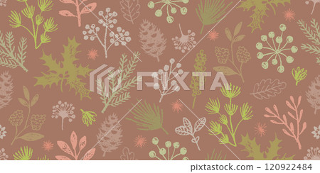 Mocha mousse pattern. Winter Christmas background with branch seamless. Crayon 2025 year color vector texture. Tree pine plant mistletoe pastel. Abstract color of the year 2025 Mocha mousse pattern bg 120922484