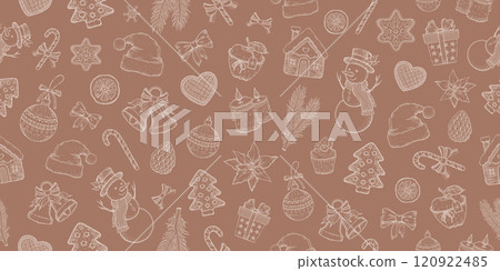 Color of year 2025 Mocha mousse Christmas pattern. Winter background, seamless color sketch vector texture. Pastel holiday pattern. Hand drawn brown Christmas cute doodle print. Mocha mousse bg 120922485