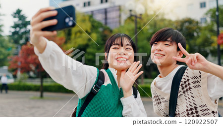 Couple, selfie or peace sign in city for social media, healthy relationship or fun with memory in Tokyo. Japanese people, influencers or happy in park for photography, content creation or live stream 120922507