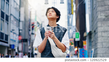 Man, thinking and travel with phone in city for communication, urban location and map notification. Person, mobile and contact website with morning commute, directions and navigation view in Japan 120922529