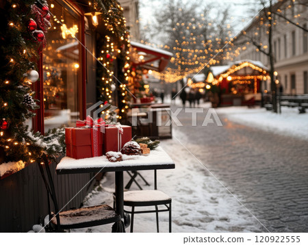 Christmas travel background, winter street with defocused lights 120922555