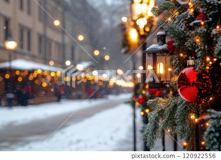 Christmas travel background, winter street with defocused lights 120922556