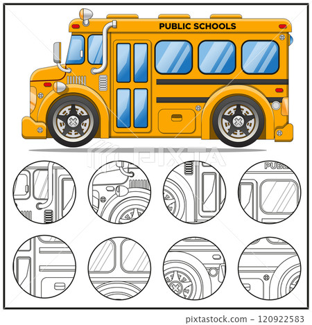 Children's game, puzzle. School bus. Find and match the correct part. Vector illustration. 120922583