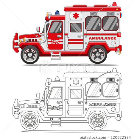 Ambulance. Side view. Coloring. Isolated on white background. Vector illustration. 120922584