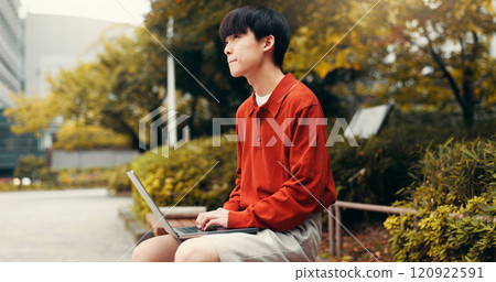 Asian man, student and thinking in park with laptop, planning or creative writing for travel blog in Japan. Japanese person, computer or idea in Tokyo for storytelling, journal editing or email reply Asian man, student and thinking in park with laptop, planning or creative writing for travel blog in Japan. Japanese person, computer or idea in Tokyo for storytelling, journal editing or email reply 120922591