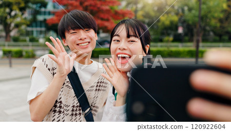 Couple, selfie or excited in park for social media, healthy relationship or memories with love in Osaka. Japanese people, influencers or happy in city for photography, content creation or live stream 120922604
