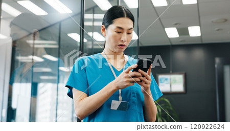 Woman, nurse and phone in hospital for news, schedule update and connectivity. Japanese surgeon, reading or mobile in clinic for patient feedback, telehealth services or healthcare email with results 120922624