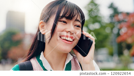 Japan, phone call and woman in city, smile and network for communication, contact and joy. Happiness, person and student with smartphone, mobile user and tech with digital app, cheerful and good news 120922654