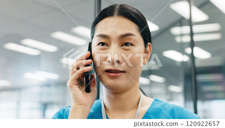 Woman, surgeon or phone call at hospital for healthcare service support or medical results in office. Mobile, Asian nurse or talking to patient for consultation advice or appointment booking in Japan Woman, surgeon or phone call at hospital for healthcare service support or medical results in office. Mobile, Asian nurse or talking to patient for consultation advice or appointment booking in Japan 120922657