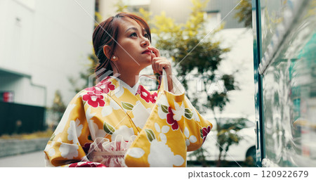 Asian woman, thinking and city with vending machine for choice, pick or selection in street or road. Japan, female person or shopper contemplating in kimono by self service station for snack in town 120922679