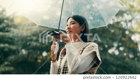 Outdoor, woman and umbrella with phone for talking, conversation and speaker for travel journey. Japanese, female person and traveler with mobile app for voice note, recording and protection for rain Outdoor, woman and umbrella with phone for talking, conversation and speaker for travel journey. Japanese, female person and traveler with mobile app for voice note, recording and protection for rain 120922682