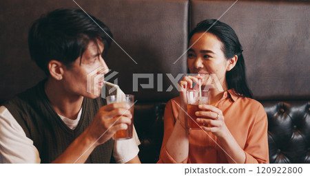 Japanese, couple and taste in restaurant for drinks, anniversary celebration or love in relationship. Valentines day, man and woman with glasses for beverage, connection or bonding with smile on date 120922800