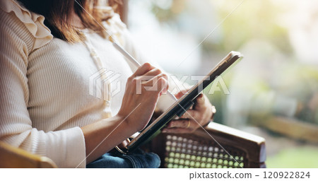 Woman hands, pen and tablet in home for ecommerce, digital drawing and connectivity in Japan. Person, tech and relax in living room with social media, news scroll and journal blog in creativity app 120922824