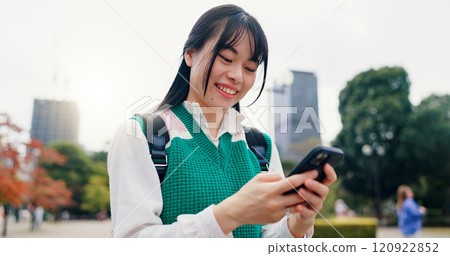 Cellphone, travel and Japanese woman in city with navigation for university with mobile app. Happy, phone and female student with directions for college campus with international exchange program. Cellphone, travel and Japanese woman in city with navigation for university with mobile app. Happy, phone and female student with directions for college campus with international exchange program. 120922852