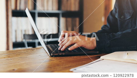 Hands, person and typing on laptop at house of schedule, finance planning and mortgage application. Worker, online and journal of financial budget, investment feedback and property insurance in Japan 120922978