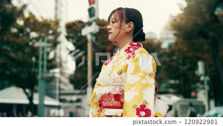 Explore, street and woman in city with kimono, morning commute and sightseeing in traditional clothes. Walking, discover and girl with Japanese fashion, culture or weekend travel on urban adventure 120922981