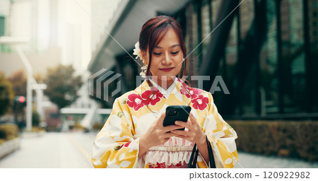 Asian woman, kimono and typing with phone in city for communication, travel or chatting. Japan, female person or tourist with mobile smartphone for travel, online texting or app in an urban town Asian woman, kimono and typing with phone in city for communication, travel or chatting. Japan, female person or tourist with mobile smartphone for travel, online texting or app in an urban town 120922982