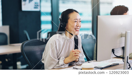 Telemarketing, business and woman with computer, call center and connection in modern office. Japanese person, agent and insurance consultant with pc, help desk and customer service with tech support 120923003