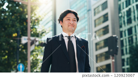 Man, smile or travel in city for business, morning commute or career pride in Tokyo. Mature professional, Japanese person or walking in town for journey, new opportunity or corporate employee in town 120923007