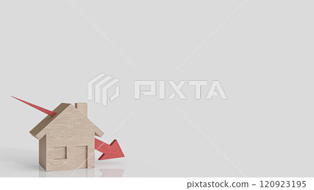 The Wood house and red arrow down for property or building concept 3d rendering. 120923195