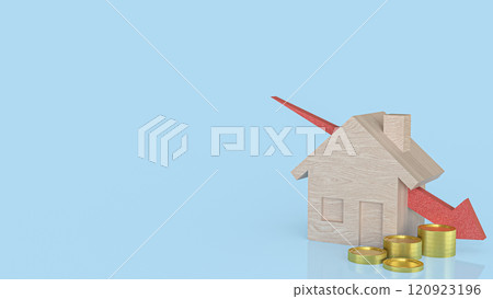 The Wood house and red arrow down for property or building concept 3d rendering. 120923196